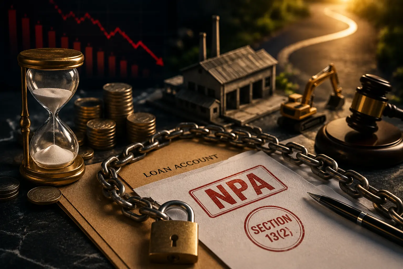 1786789790 SARFAESI Act NPA Borrower Recovery Showing Secured Property  Hourglass  Financial Pressure And Loan Enforcement Proceedings.