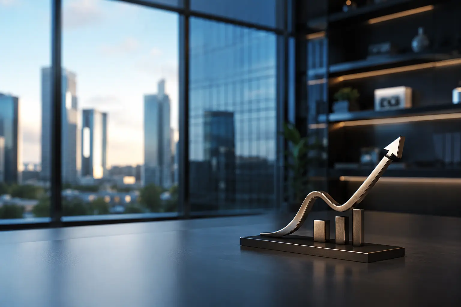1787052646 Modern Corporate Office With A Rising Financial Growth Sculpture Symbolizing Business Loan Restructuring And Financial Recovery.