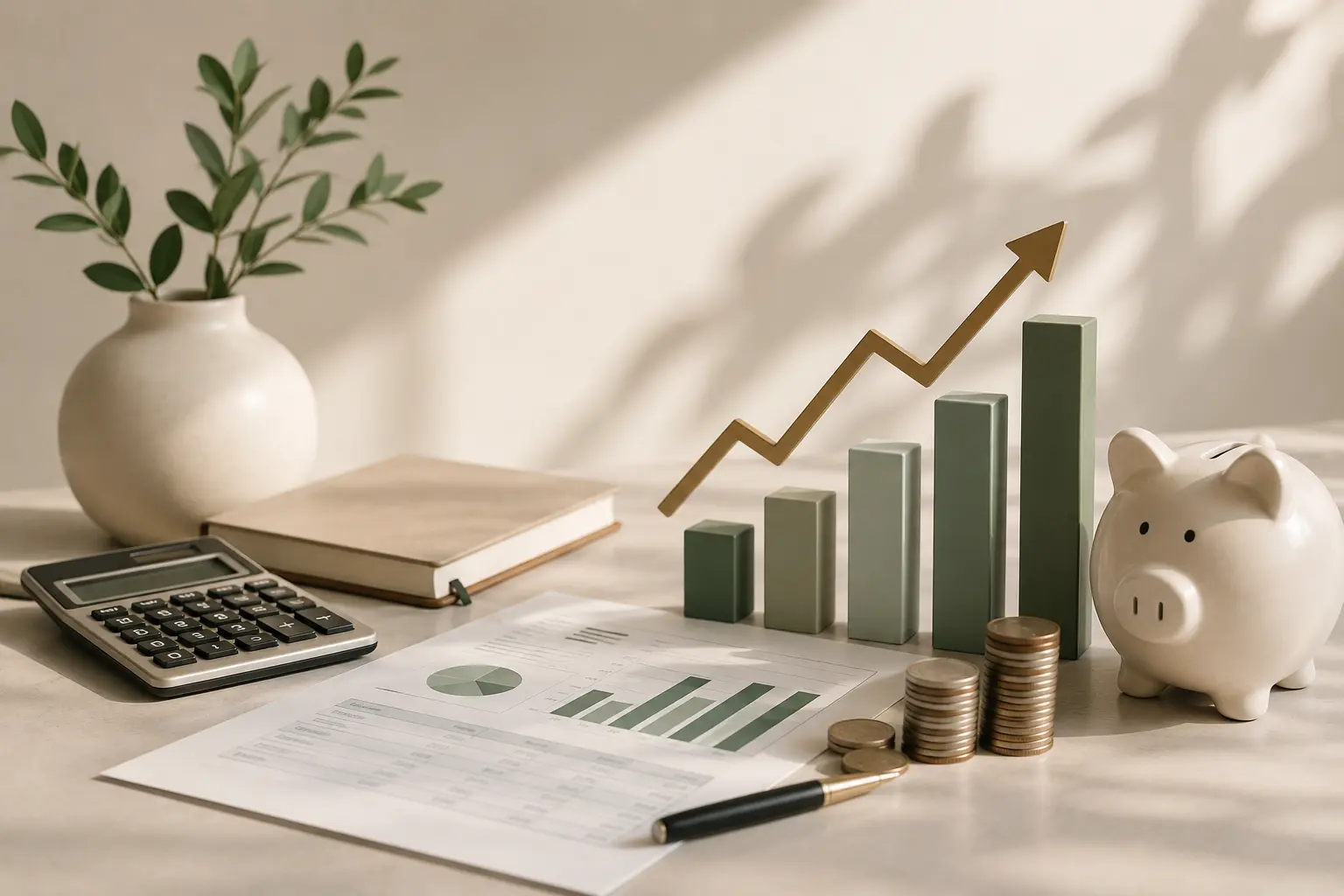 1787572858 Minimalist Finance Workspace With Coins  Calculator  Piggy Bank  Financial Charts  And Green Growth Bars Representing Financial Planning And Business Growth.