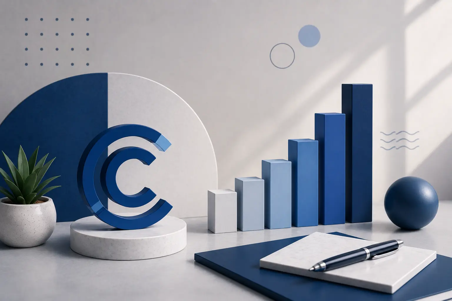 1787749028 Modern Blue And White Financial Concept With A Rising Bar Chart  Abstract Credit Logo  Notebook  Pen  And Plant On A Clean Professional Background