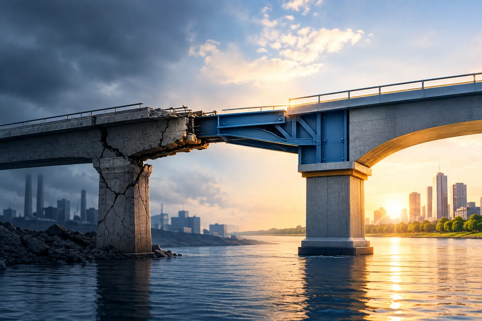 1789630490 Corporate Debt Restructuring Concept Showing A Reinforced Bridge Transitioning From Financial Distress To Business Stability And Recovery